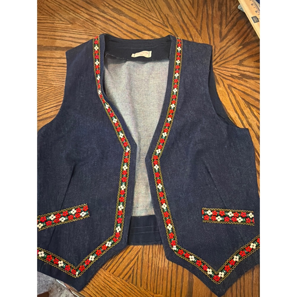 Vintage Nada Handmade Denim Vest Floral Embroidered Trim Dark Wash Boho Folk